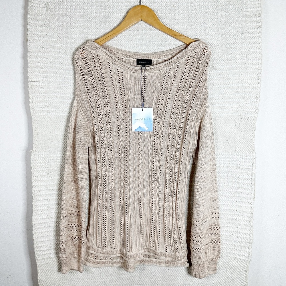 MAJORELLE neutral tan open knit Drexel off the shoulder oversized sweater S NEW